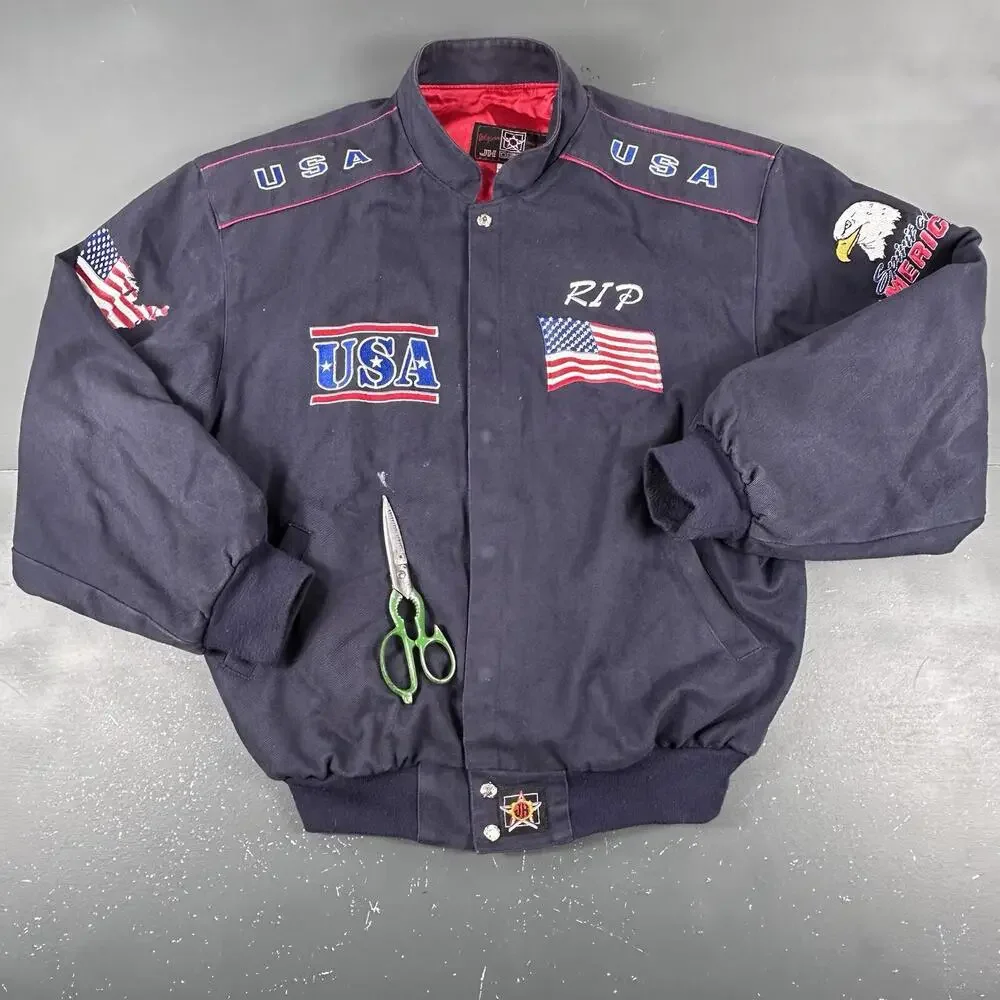 VTG Spirt Of America Jacket Mens 2XL Navy Blue Bomber Embroidered Flag Trump USA - Picture 5 of 11